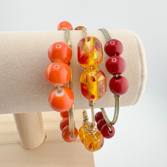 3 Bohemian Wire-Wrapped Beaded Bangle Bracelets Orange Amber Red Stackable Retro - Picture 2 of 12